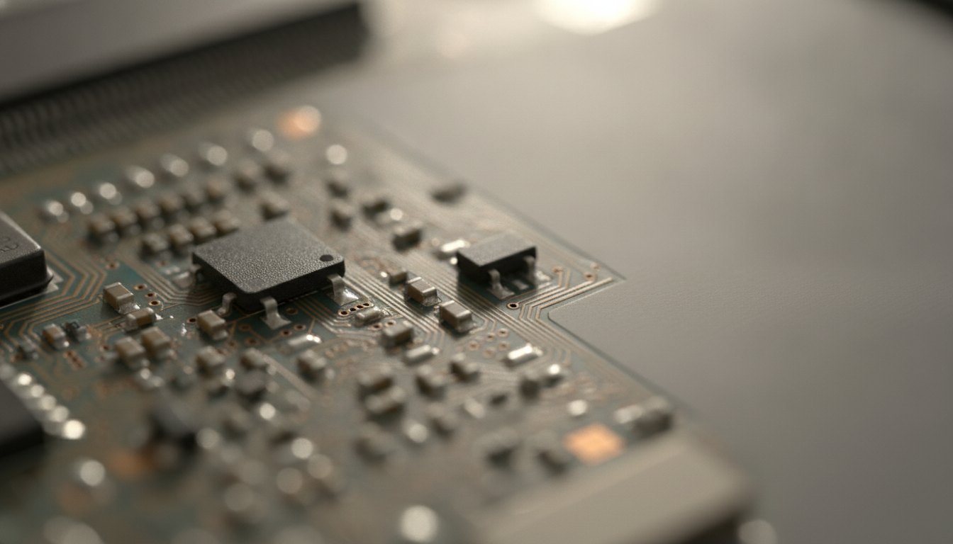 Placa de circuito de smartphone com foco em um pequeno componente quadrado soldado.