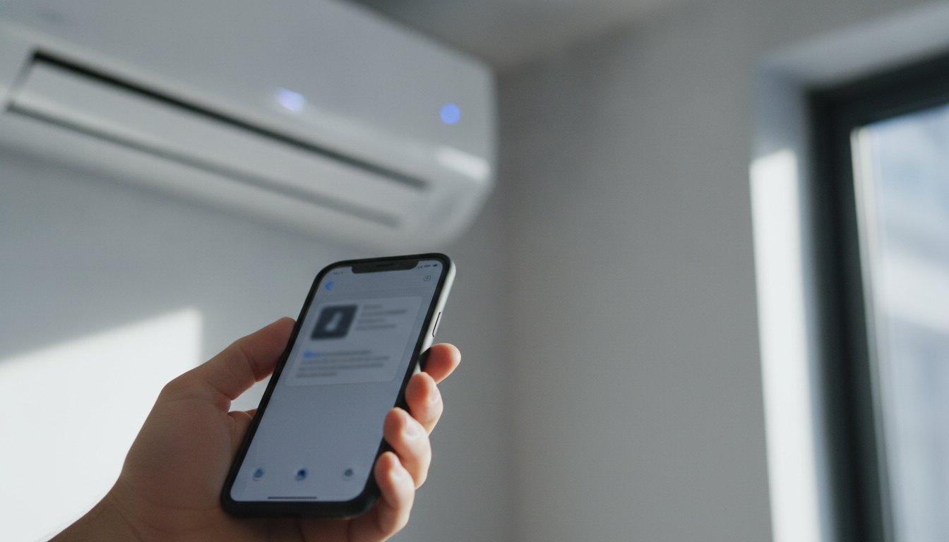 Mão segurando um smartphone com tela de notificação em frente a um ar-condicionado de parede.