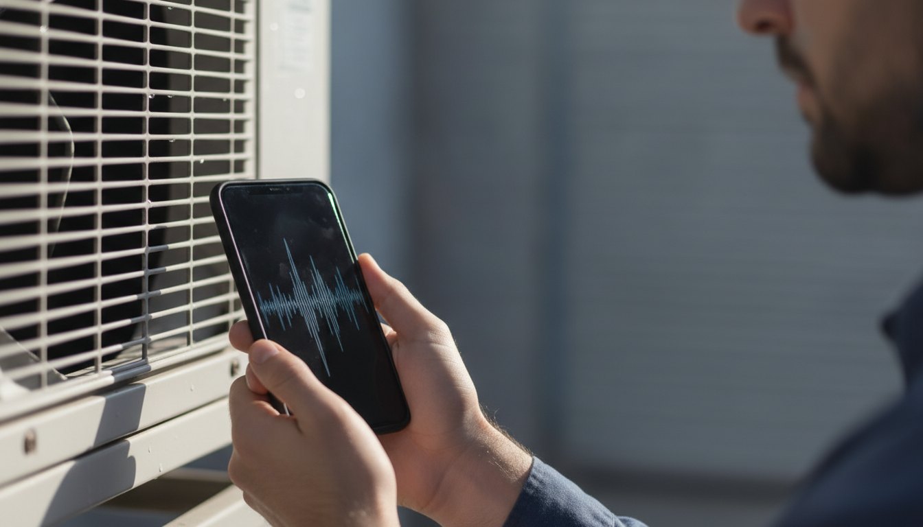 Pessoa segurando um smartphone próximo à grade de um ar-condicionado exibindo ondas sonoras na tela.