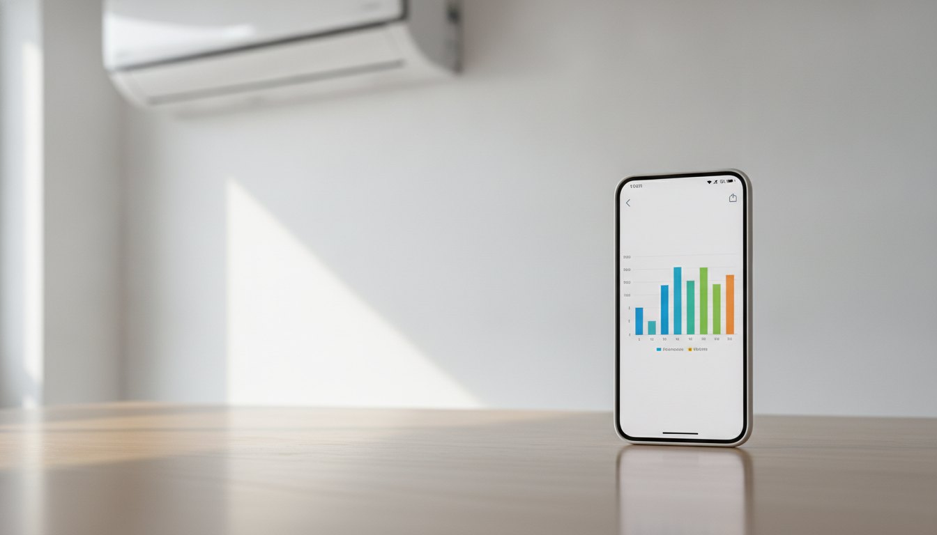 Smartphone exibindo gráfico de consumo de energia perto de um ar-condicionado branco na parede