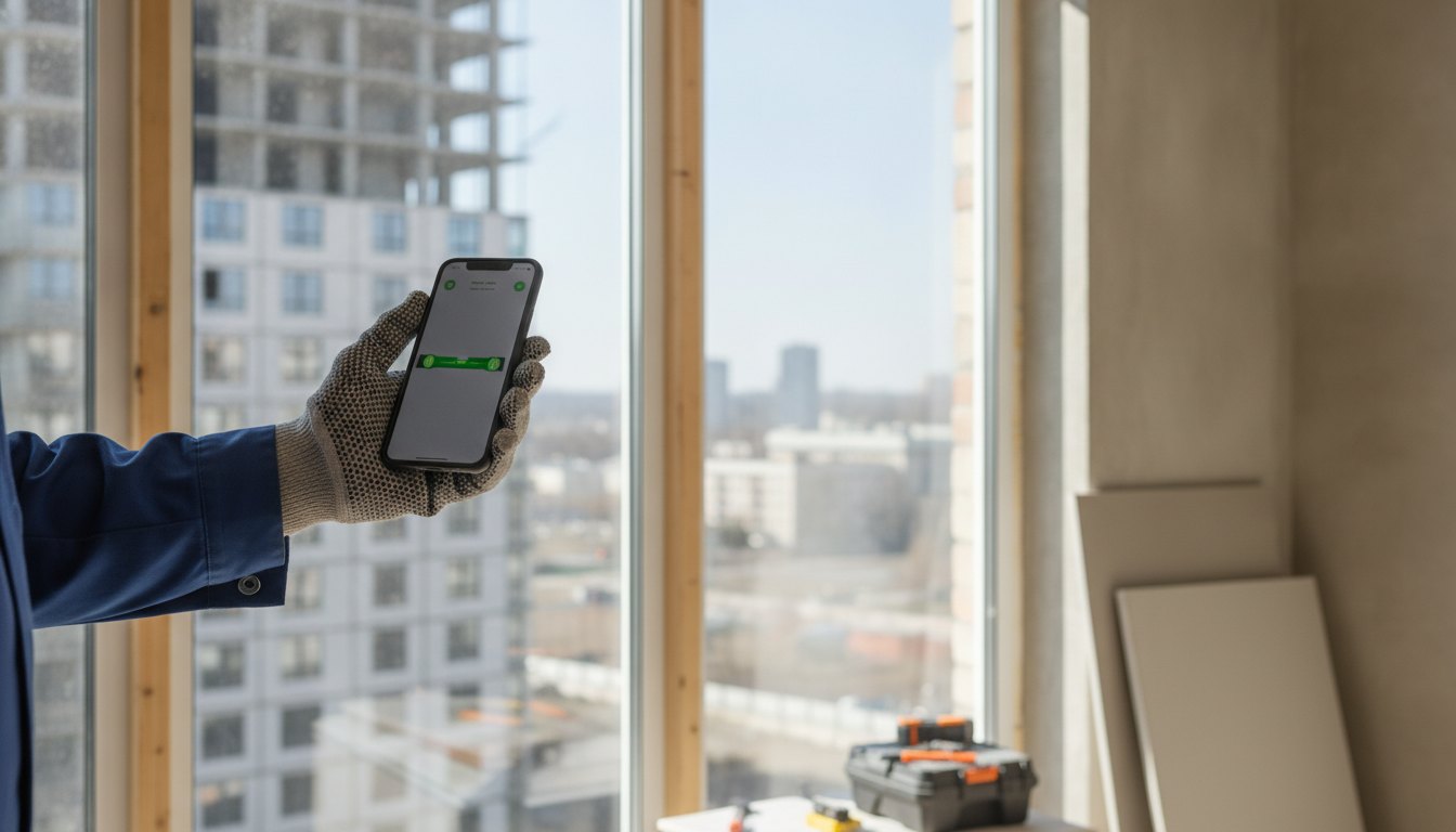 Operário segurando um smartphone com aplicativo de nível na frente de uma janela de apartamento.