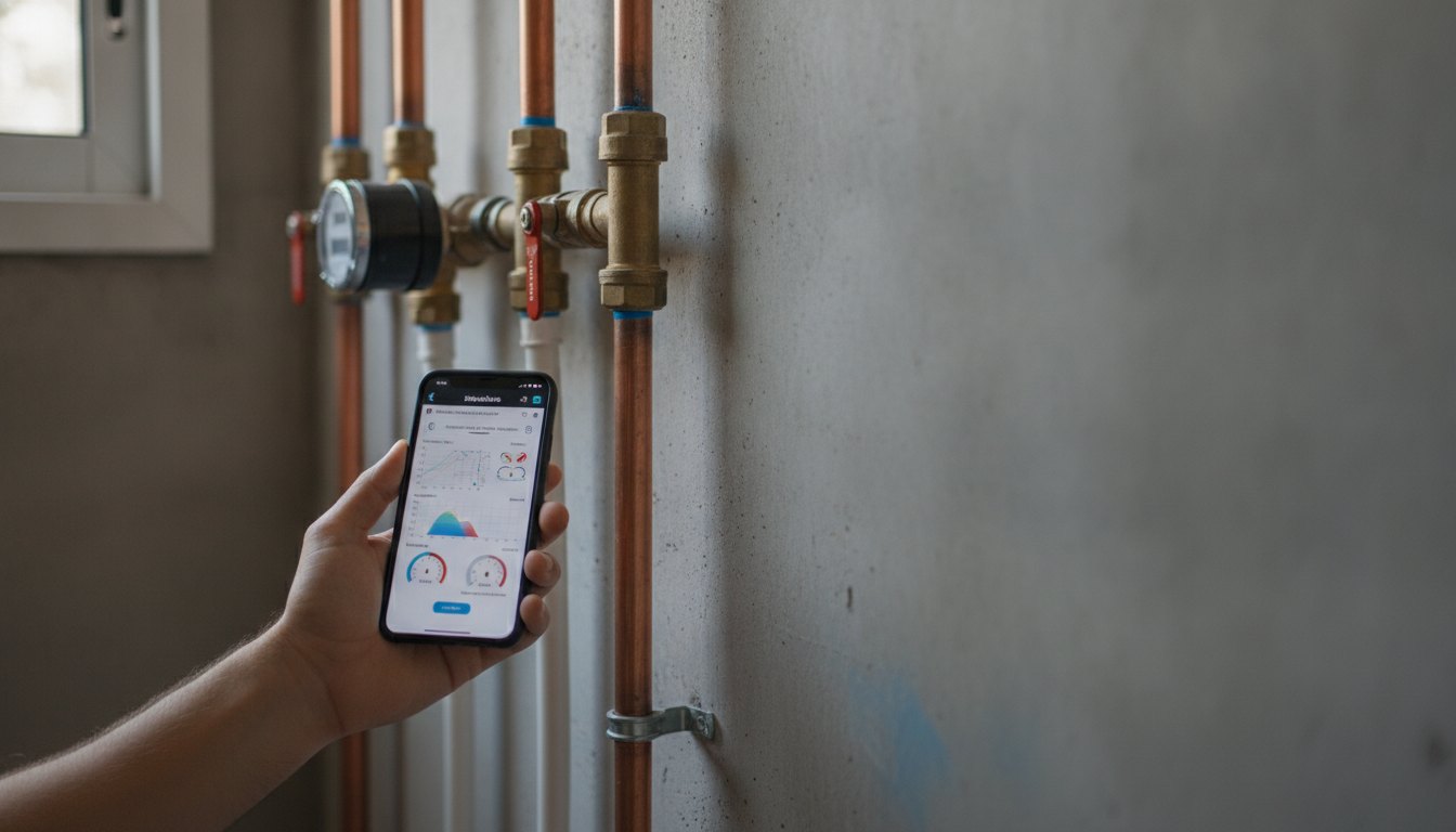 Homem segura smartphone exibindo aplicativo de cálculo hidráulico próximo a tubulações residenciais de água.