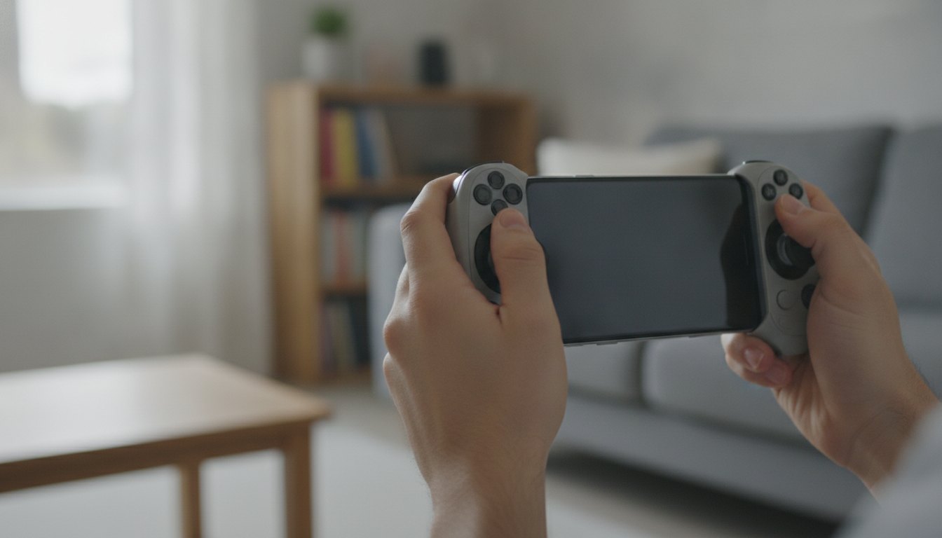 Smartphone na horizontal com controles físicos acoplados nas extremidades sendo segurado por duas mãos.