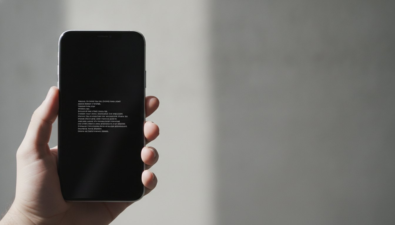 Mão segurando um smartphone com tela exibindo apenas ícones de texto em fundo preto.