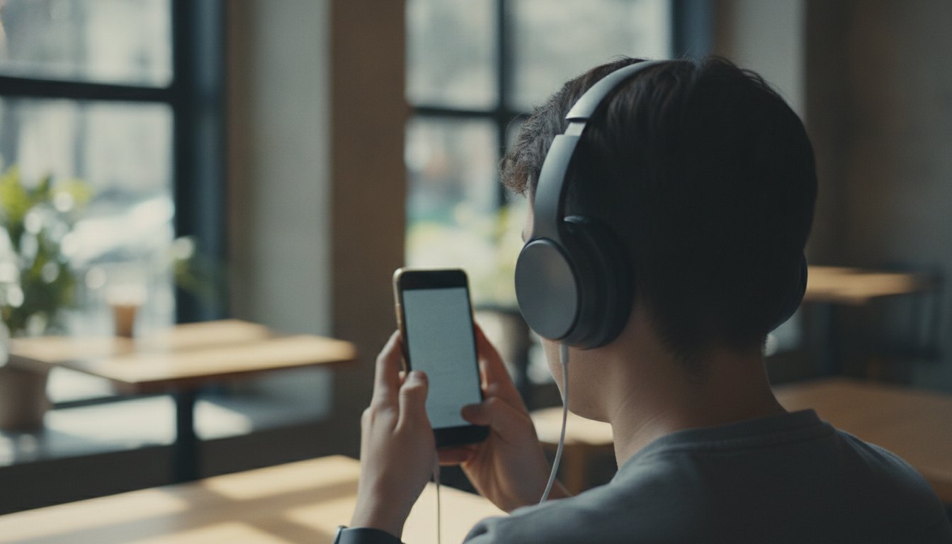 Pessoa com deficiência visual operando a tela de um smartphone com o auxílio de fones.