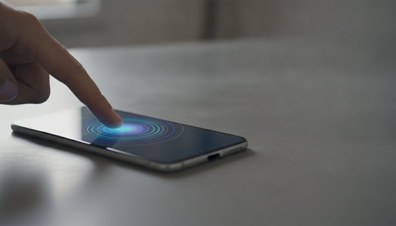 Dedo tocando a tela de um celular moderno com ondas gráficas ao redor representando vibração.