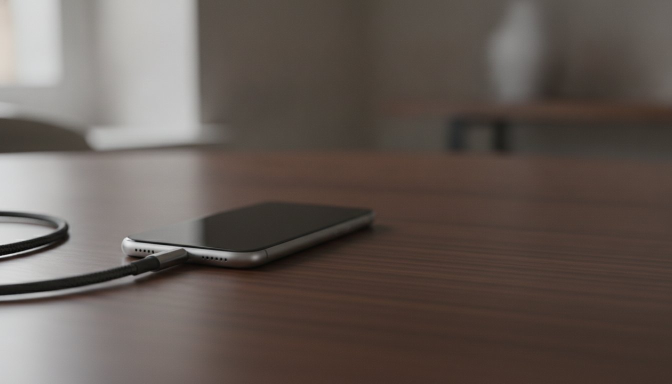 smartphone conectado a um cabo espesso repousando sobre uma mesa de madeira escura