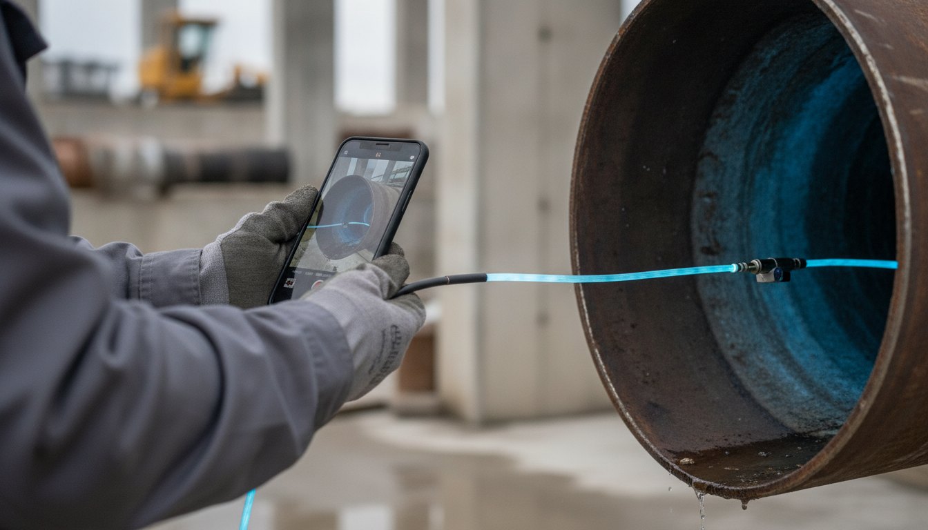 Pessoa segurando um smartphone conectado a um cabo flexível iluminado inspecionando o interior de um cano