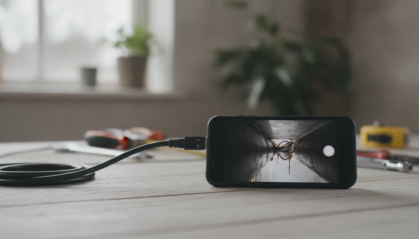 Smartphone sobre uma mesa exibindo a imagem capturada por um cabo de inspeção flexível.