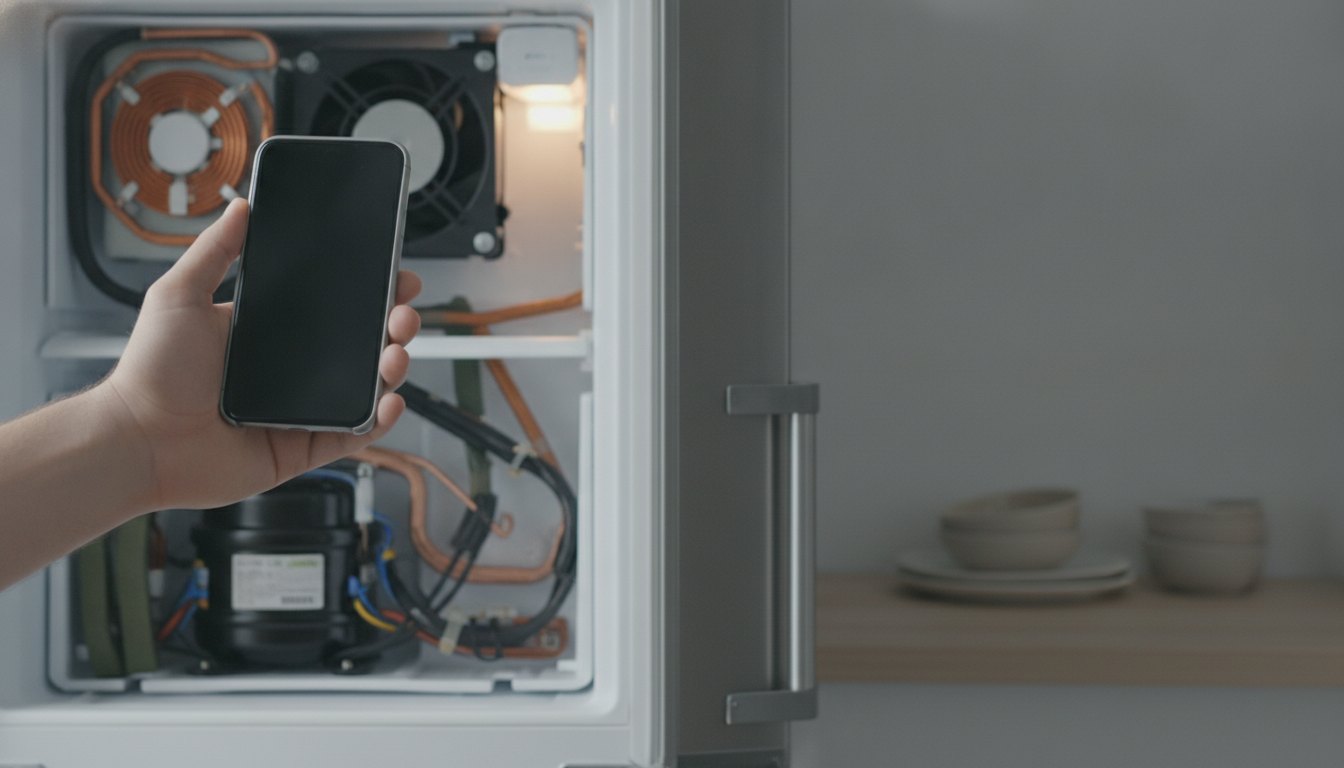 Pessoa segurando um smartphone apontado para a parte traseira de uma geladeira aberta
