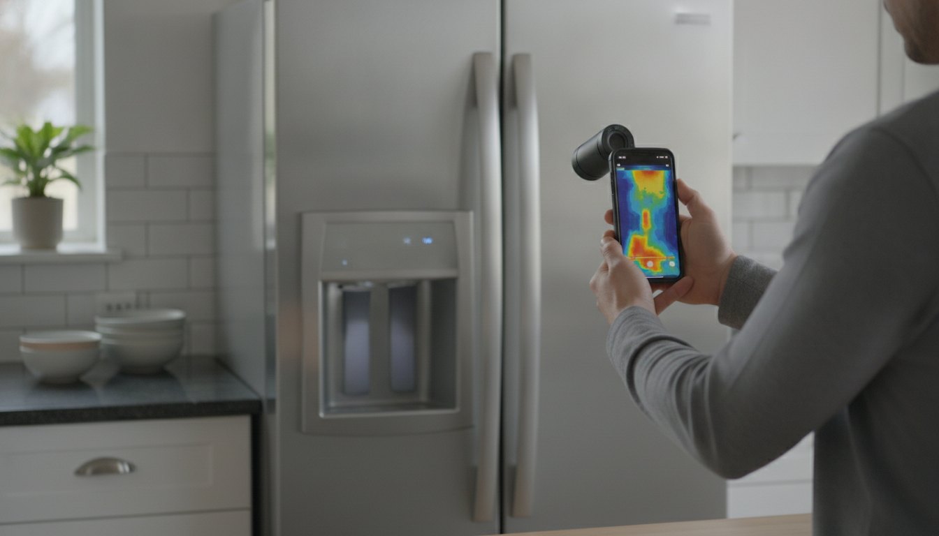 Pessoa segurando um smartphone com câmera térmica apontada para uma geladeira no ambiente da cozinha.