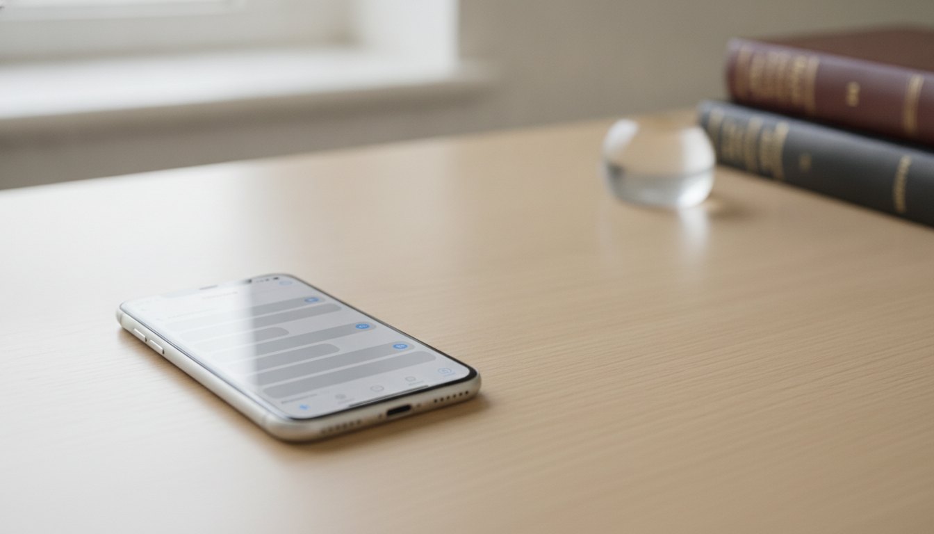 Tela de smartphone exibindo um aplicativo de mensagens sobre uma mesa de madeira.