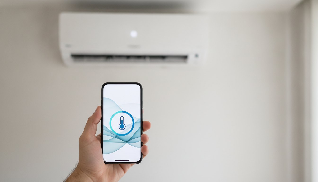 Mão segurando um smartphone com aplicativo de temperatura perto de um ar condicionado na parede.