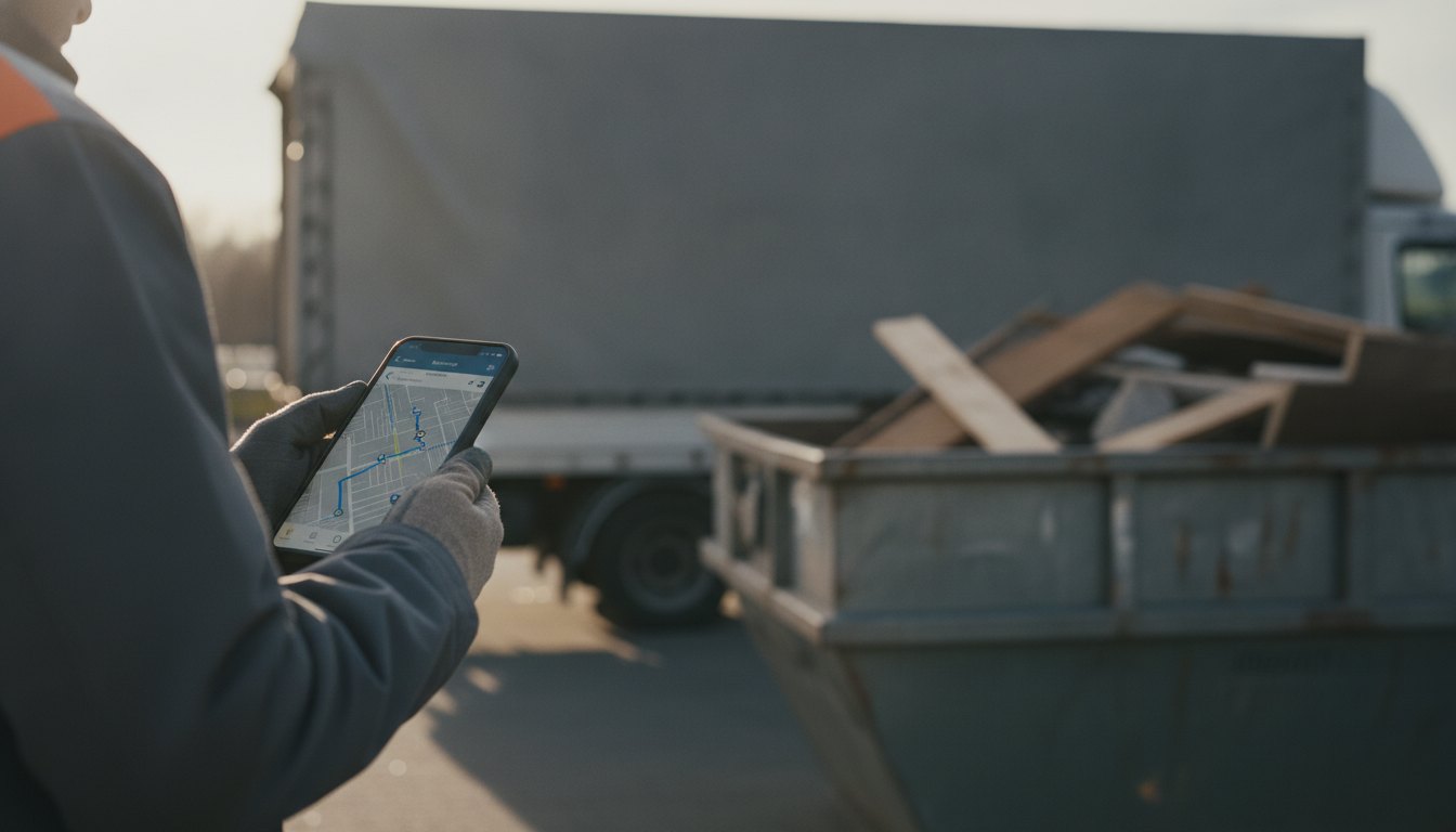 Pessoa segurando um smartphone com aplicativo de mapa aberto e caçamba de entulho ao fundo.