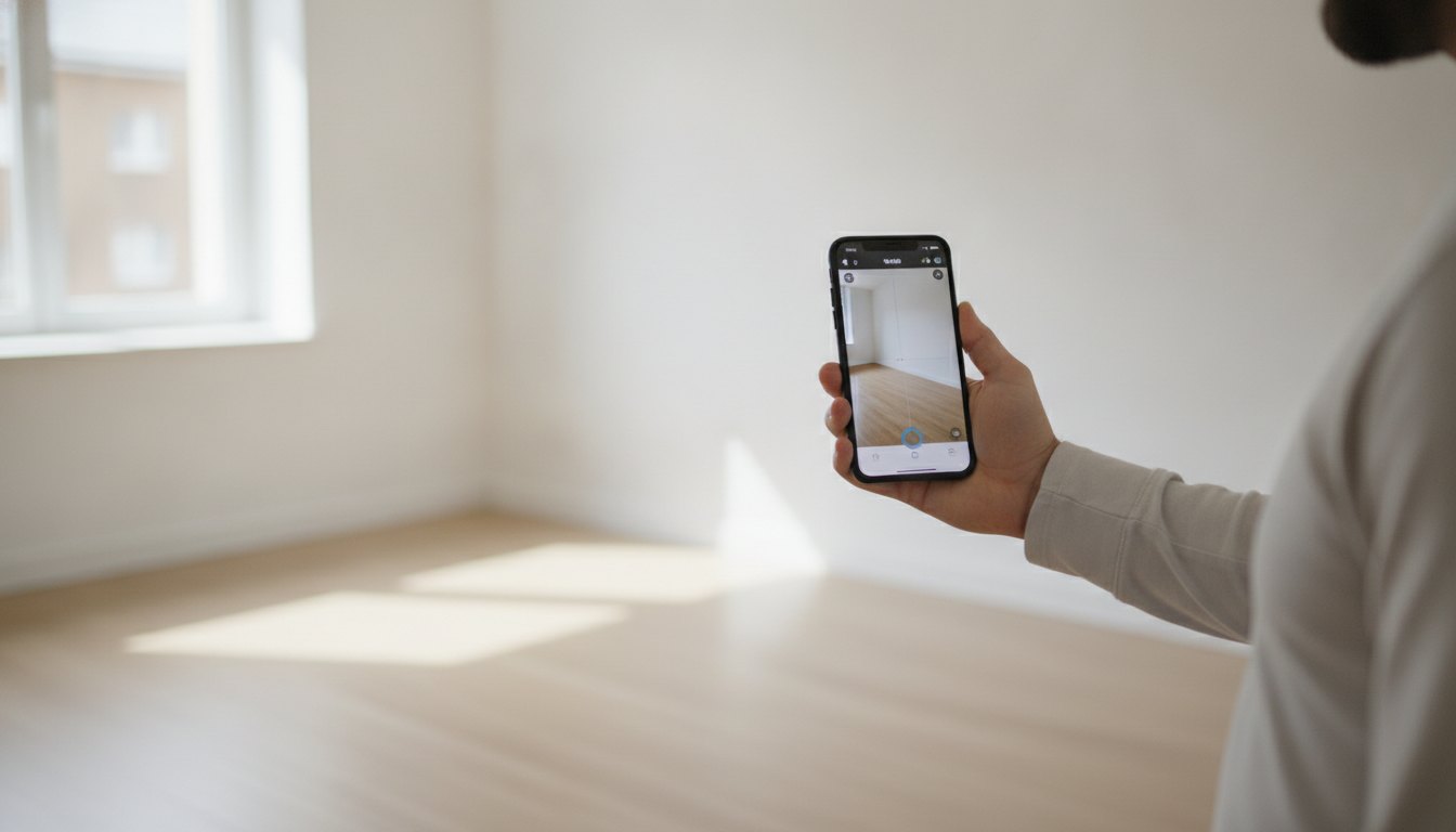 Pessoa segura celular com aplicativo de medição aberto apontando para o canto de uma sala vazia.