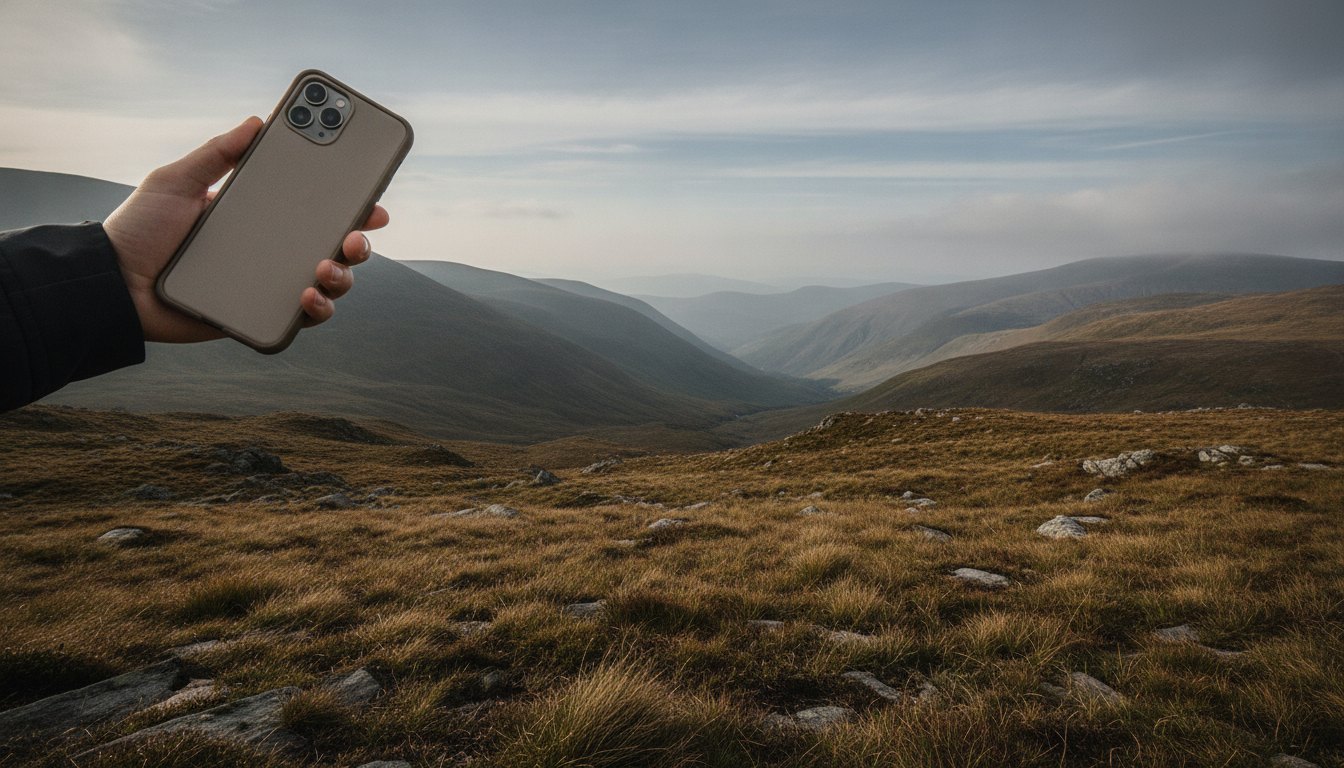 Pessoa segurando um smartphone apontado para o céu aberto em uma região montanhosa e isolada.