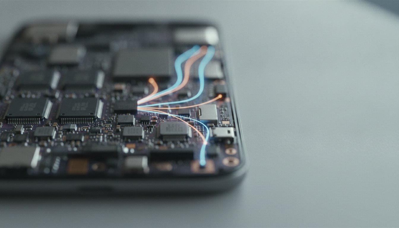 Placa de circuito de smartphone iluminada com linhas de dados fluindo sem fios externos.
