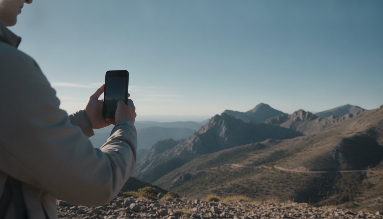 Pessoa segurando um smartphone apontado para o céu aberto em uma área montanhosa e remota.