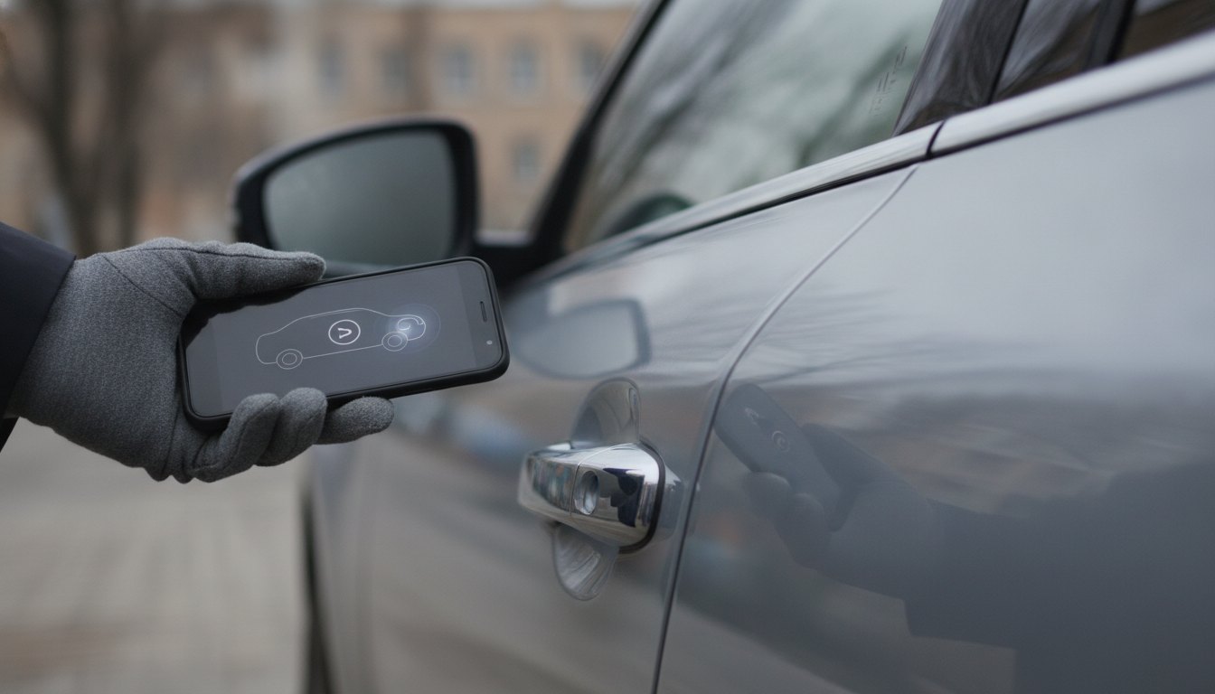 mão segurando smartphone próximo à maçaneta de um carro para destravar a porta