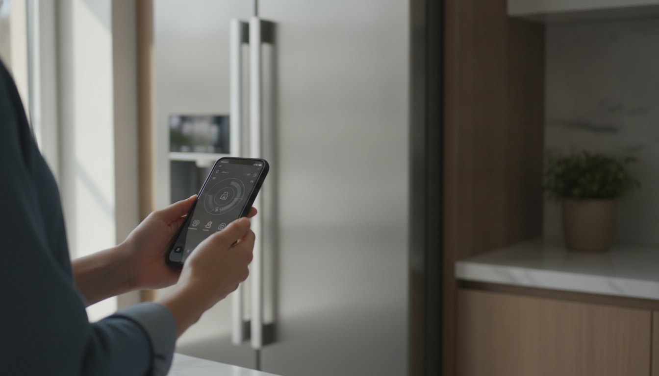 Pessoa segurando um smartphone com aplicativo de casa inteligente diante de uma geladeira moderna de inox
