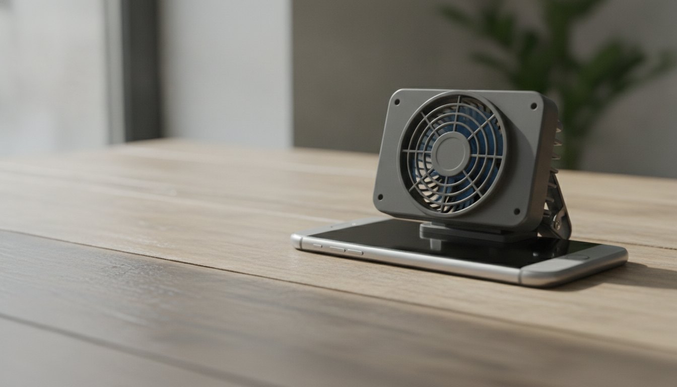 Um pequeno ventilador acoplado na parte traseira de um celular sobre uma mesa de madeira.