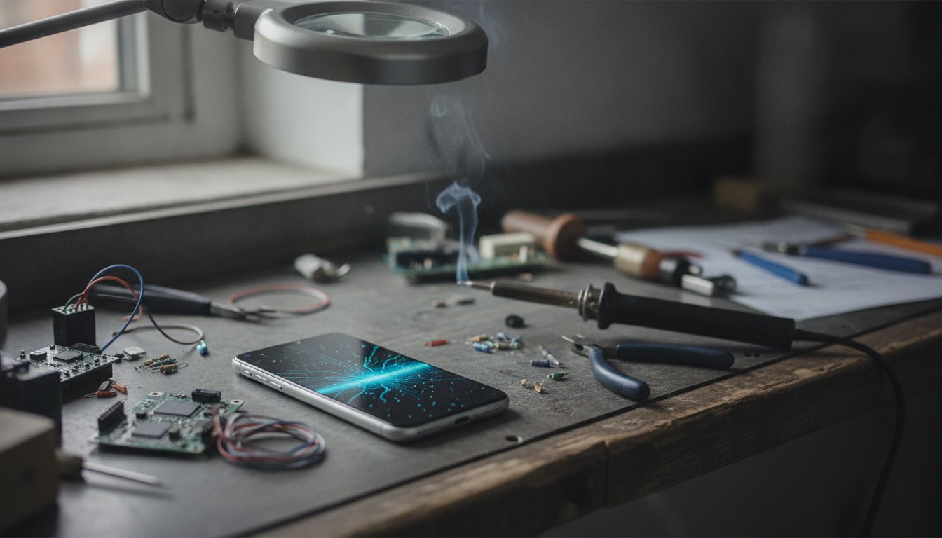 Smartphone com a tela acesa apoiado sobre uma bancada de ferramentas de manutenção eletrônica.