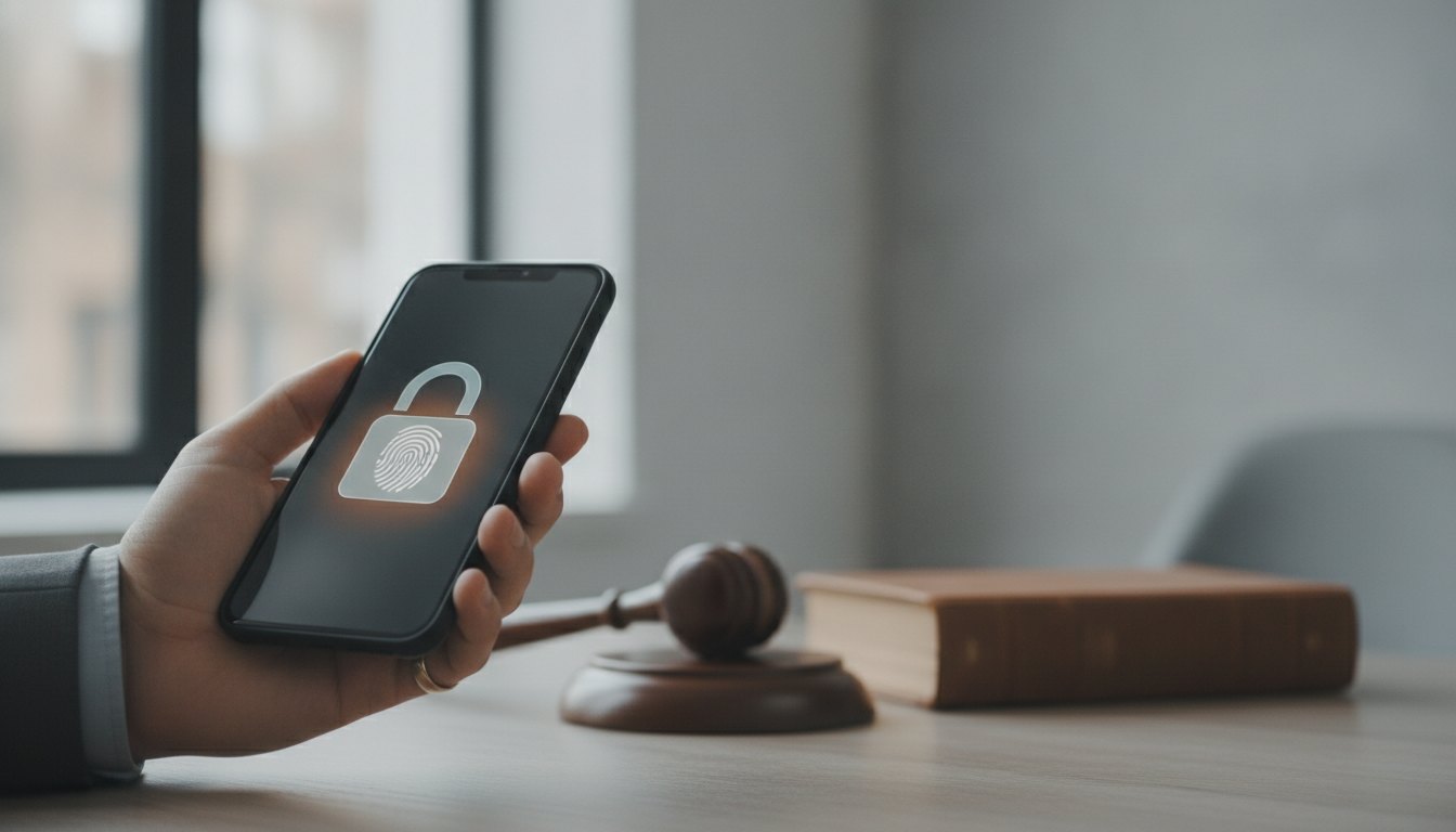 Mão segurando um smartphone com a tela exibindo um ícone de cadeado e impressão digital.