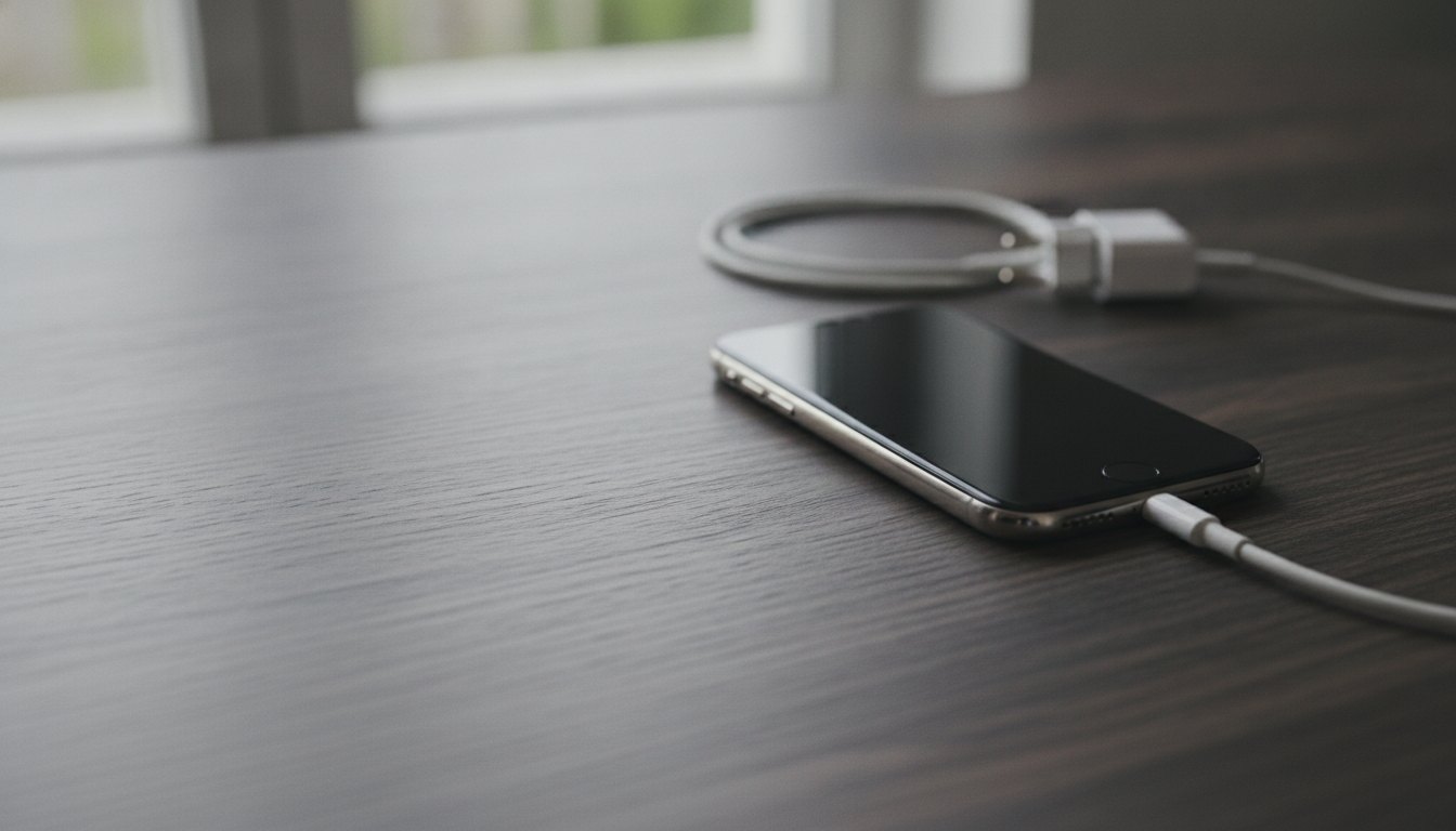 Smartphone conectado a um cabo de energia repousando sobre uma mesa de madeira escura.