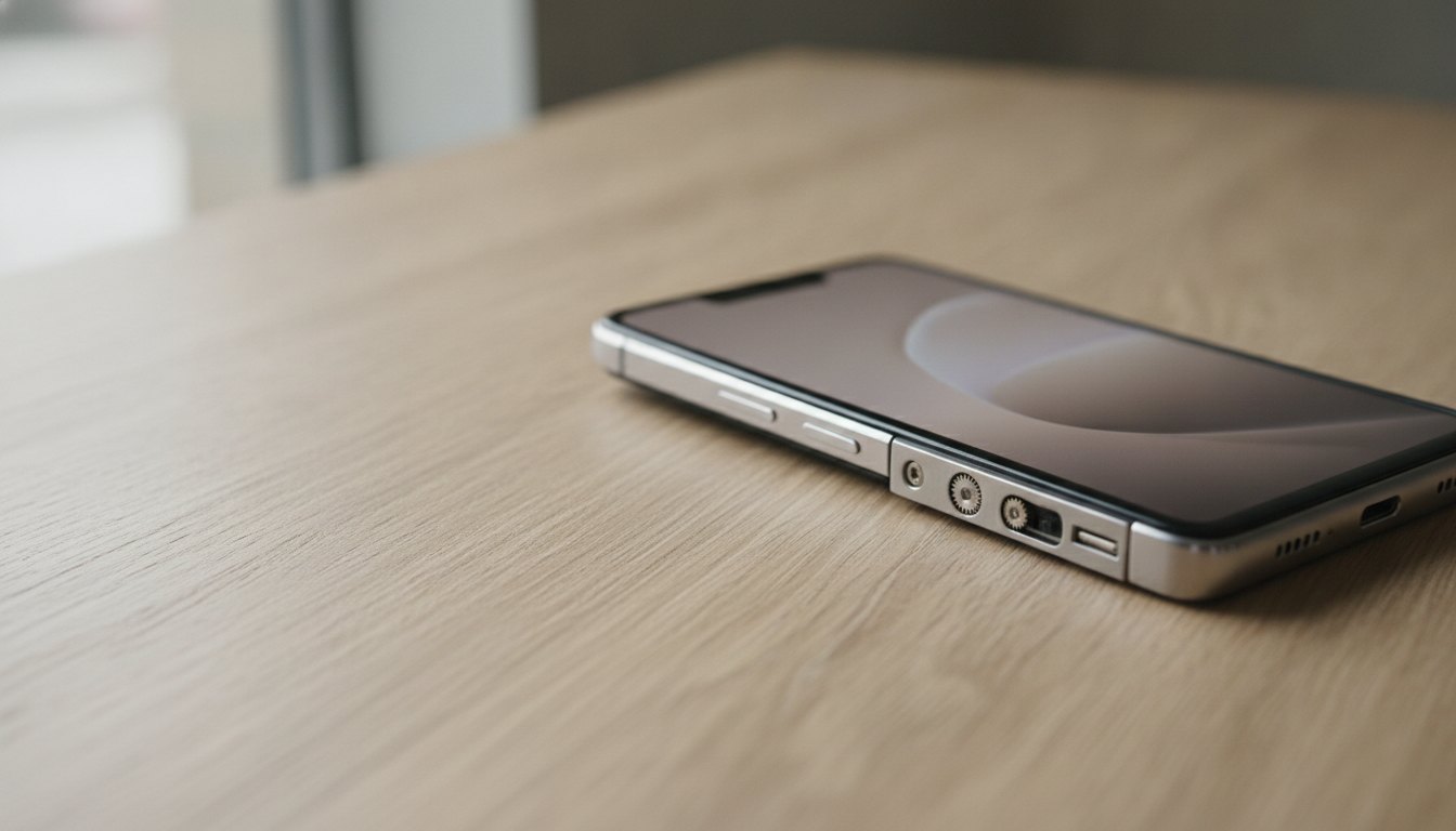 Smartphone flexível dobrado sobre uma mesa de madeira, revelando os detalhes metálicos do mecanismo lateral.