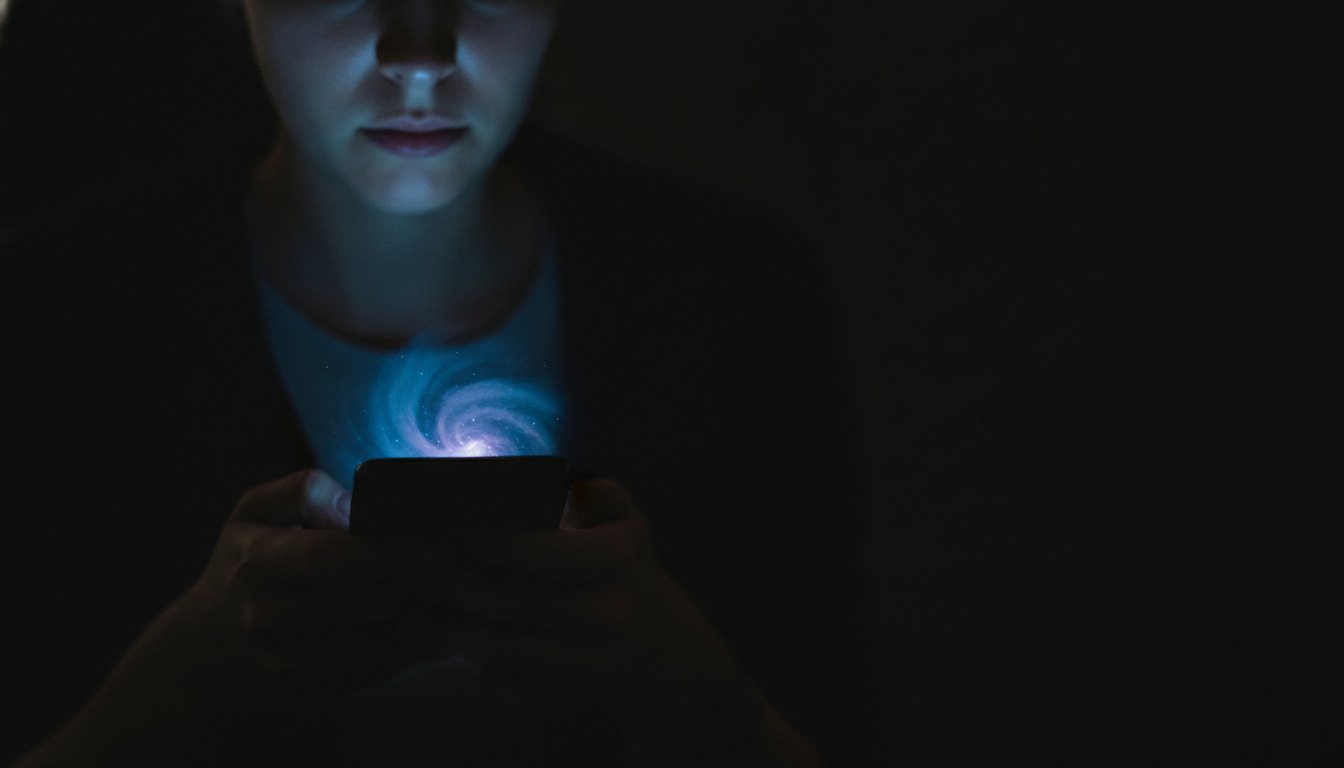 Pessoa segurando um smartphone no escuro com o rosto iluminado suavemente pelo visor.