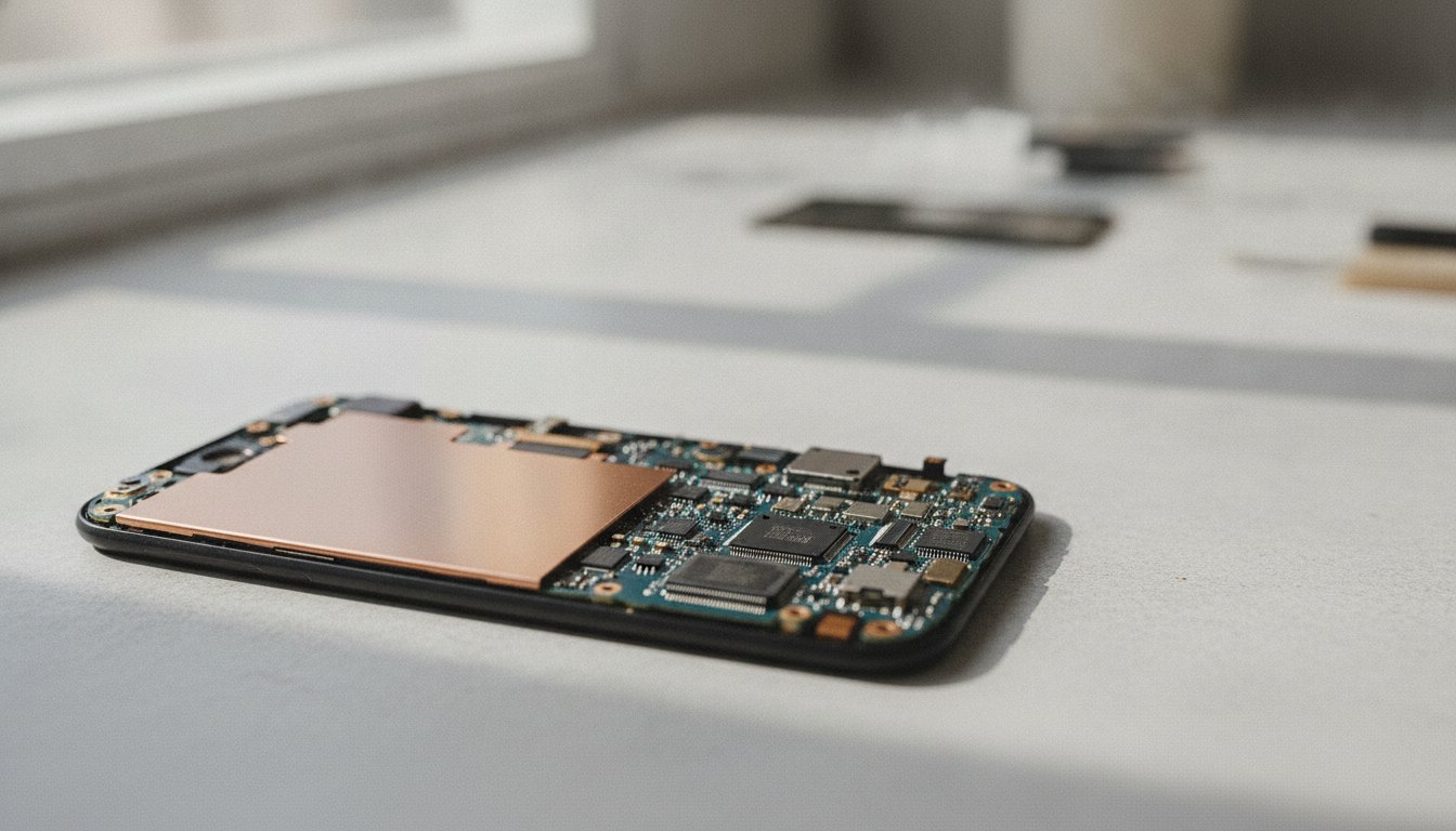 placa interna de um celular desmontado mostrando uma peça metálica acobreada sobre os circuitos