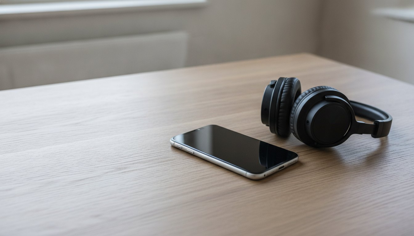 smartphone repousado sobre uma mesa de madeira ao lado de fones de ouvido fechados pretos