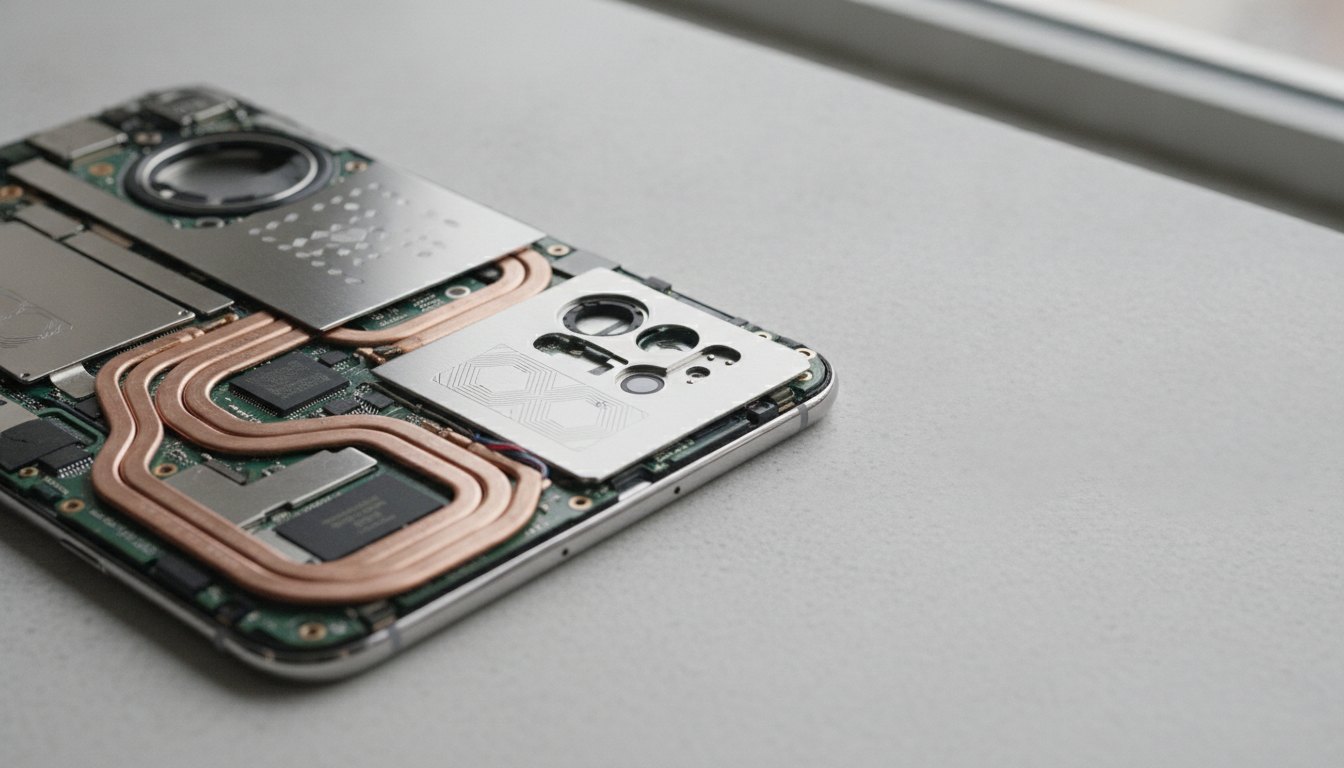 Traseira de um smartphone desmontado mostrando placas metálicas e tubos de cobre sobre os componentes.