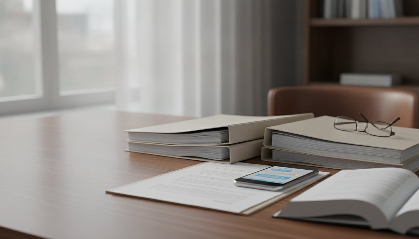 Celular sobre uma mesa exibindo um aplicativo de mensagens ao lado de documentos impressos.