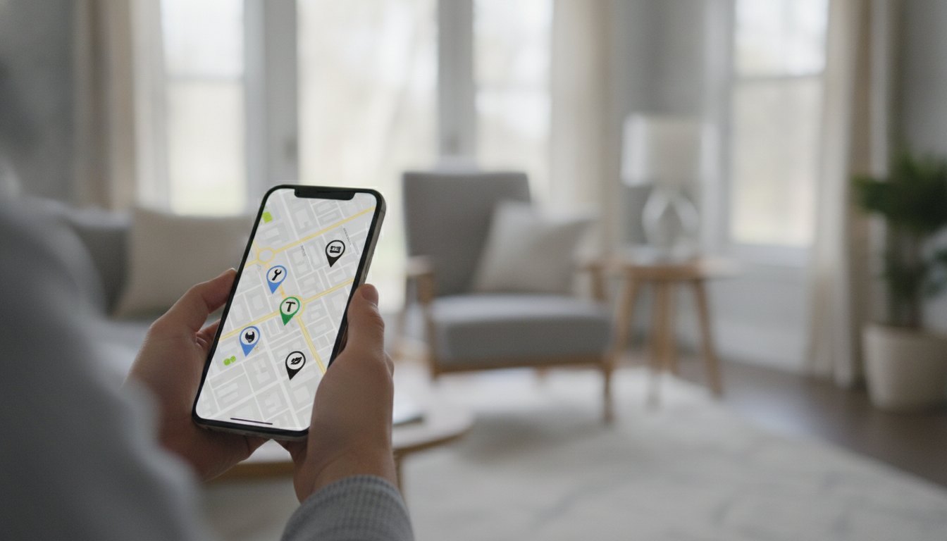 Pessoa segurando um smartphone com mapa aberto na tela e ícones de localização de serviços.