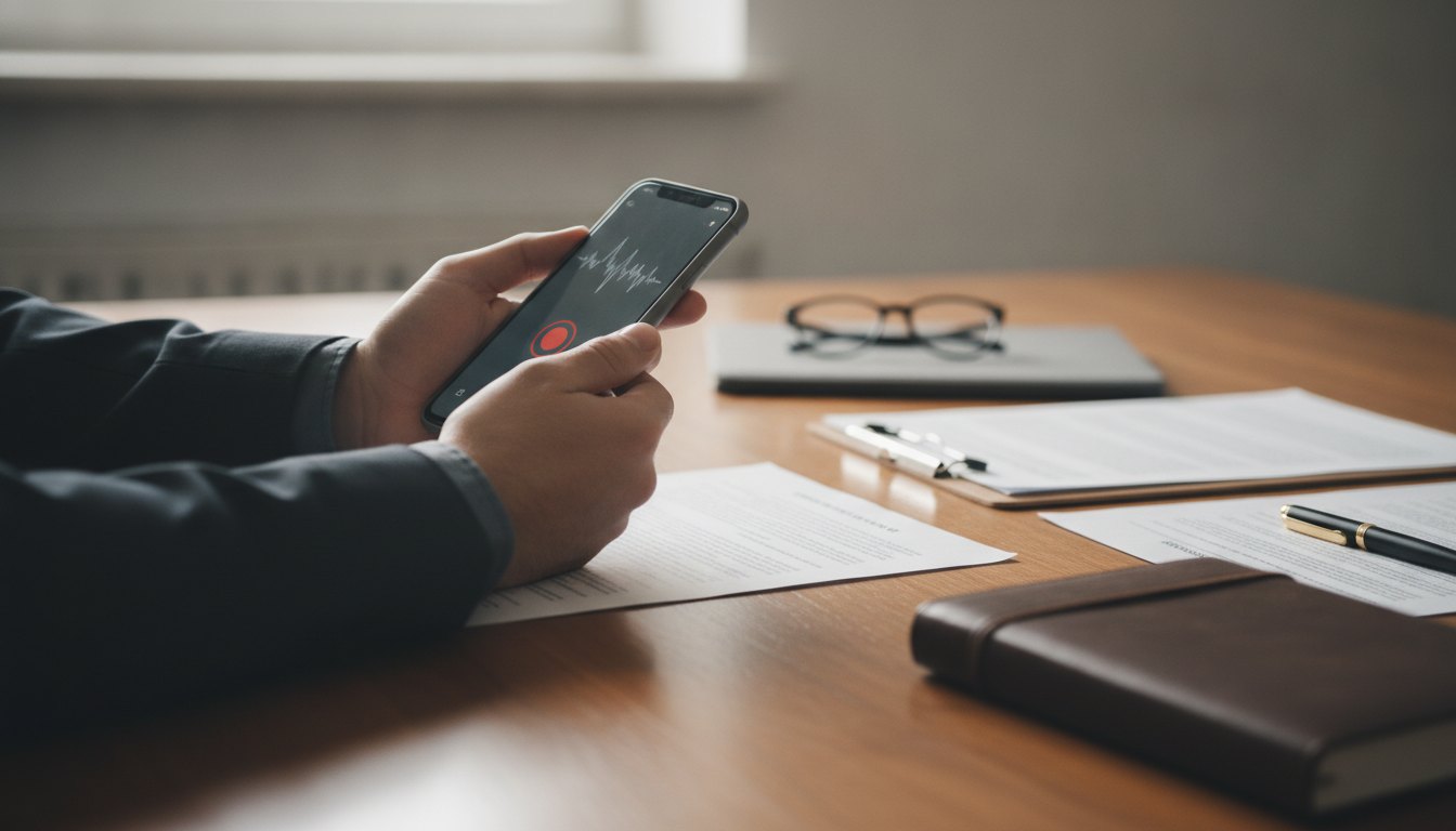 Mão segurando um smartphone com aplicativo de gravador de voz aberto sobre uma mesa.