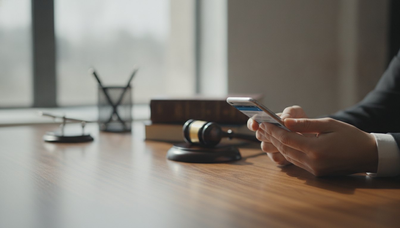 Mãos segurando um smartphone com aplicativo de mensagens aberto sobre uma mesa de escritório.