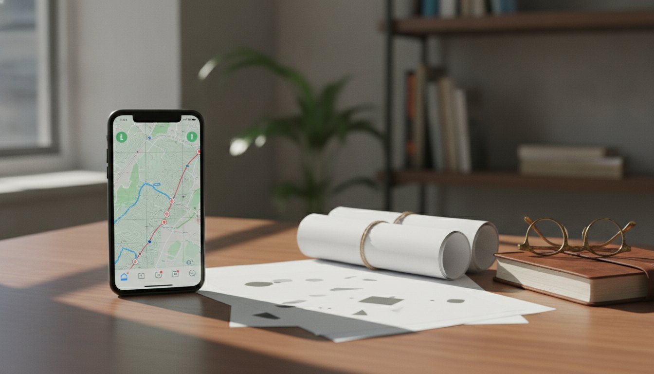 Smartphone exibindo mapa com rotas traçadas sobre uma mesa ao lado de documentos e papéis.