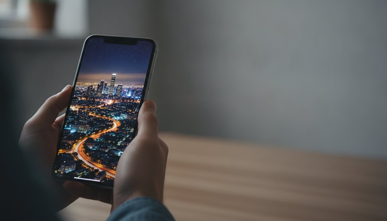 Pessoa segurando um smartphone que exibe uma paisagem noturna nítida e iluminada na tela.