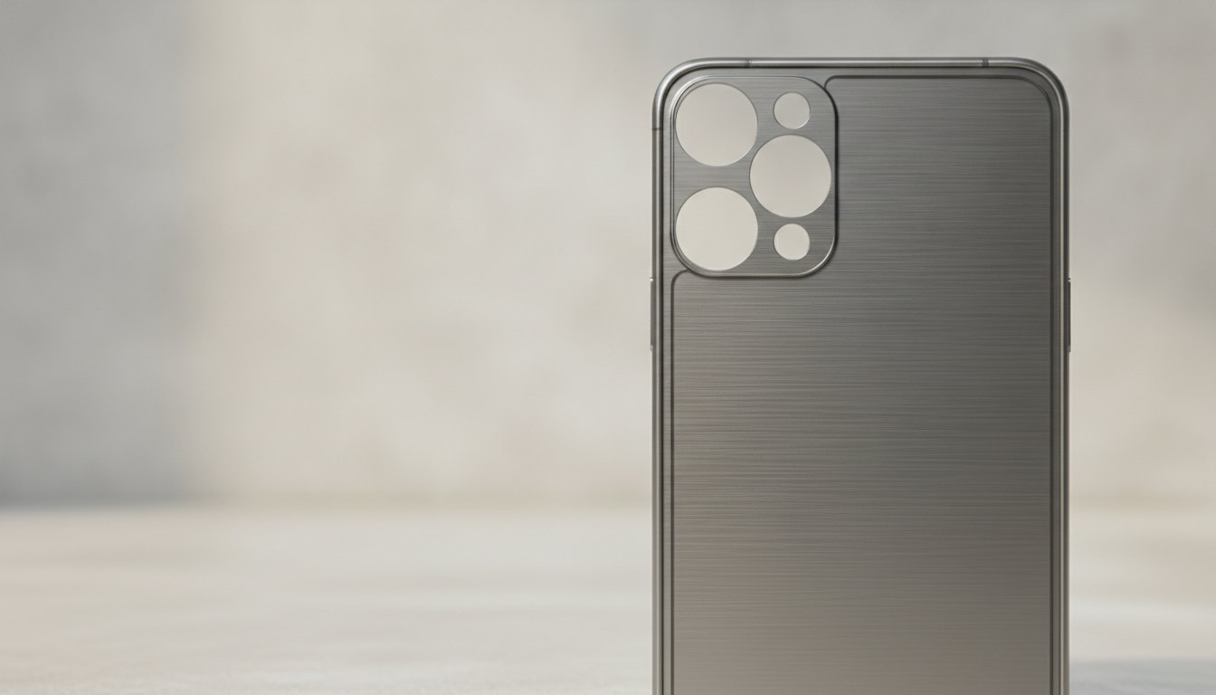 Estrutura metálica de um smartphone com acabamento escovado sob iluminação de estúdio fotográfico.