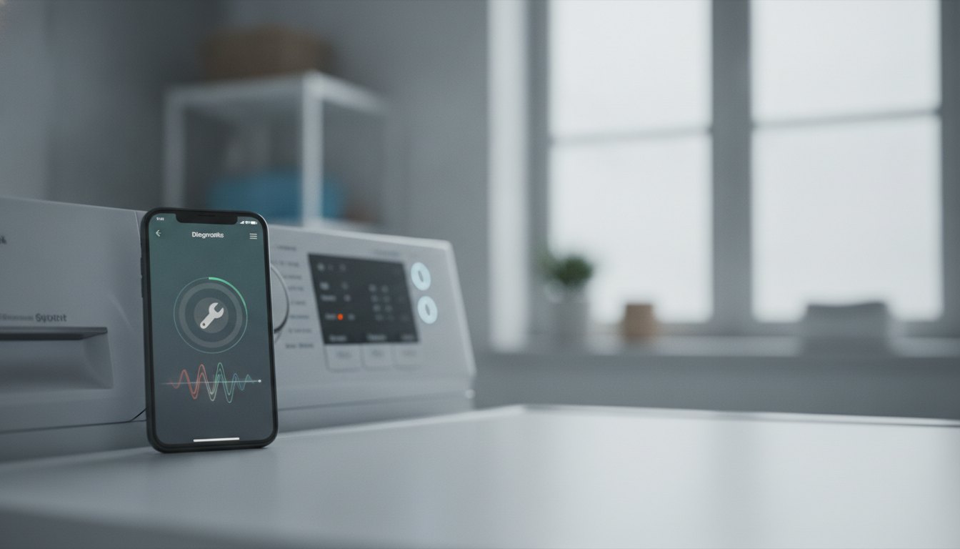 Tela de smartphone exibindo aplicativo de diagnóstico ao lado de painel de máquina de lavar.