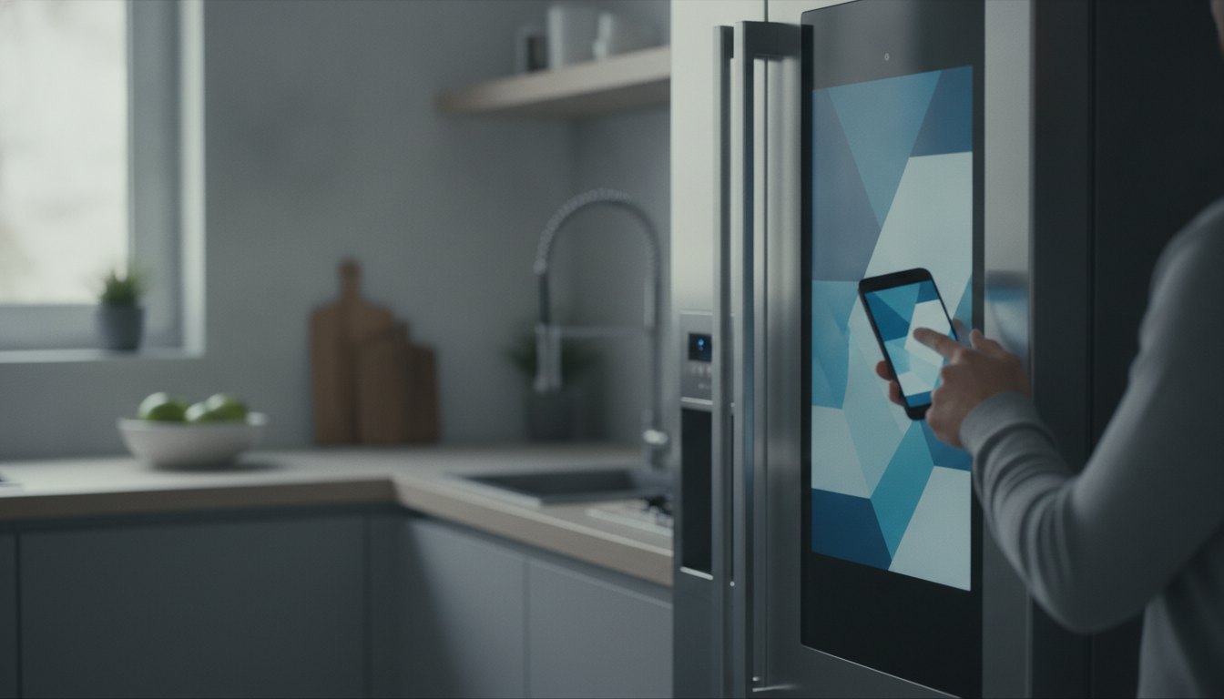 Pessoa apontando o smartphone para o painel digital de uma geladeira moderna na cozinha.