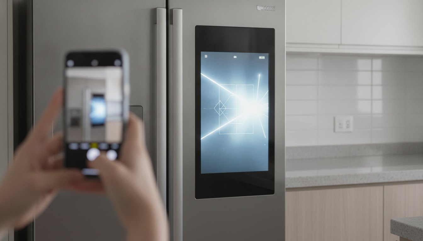 Pessoa segurando um smartphone apontado para o painel digital iluminado de uma geladeira moderna.