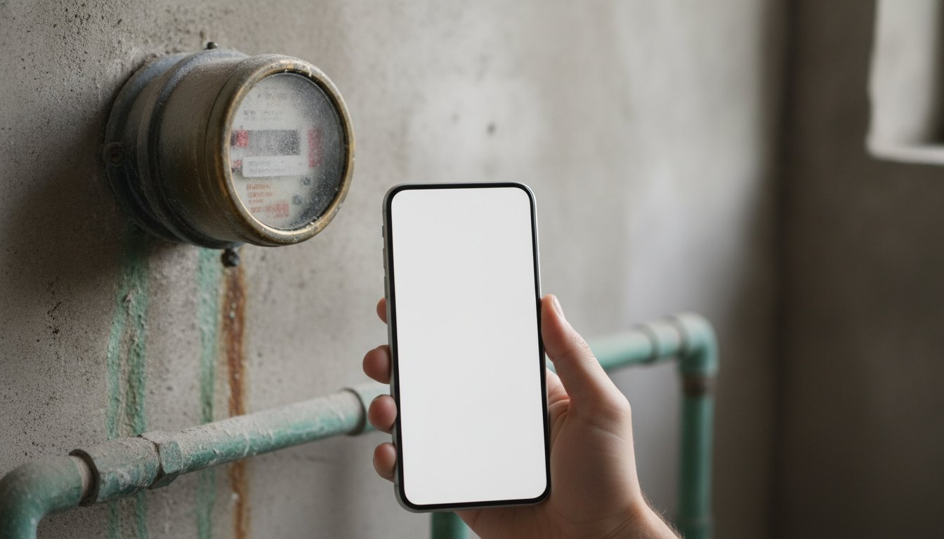 Pessoa apontando a câmera de um smartphone para um medidor de água na parede.