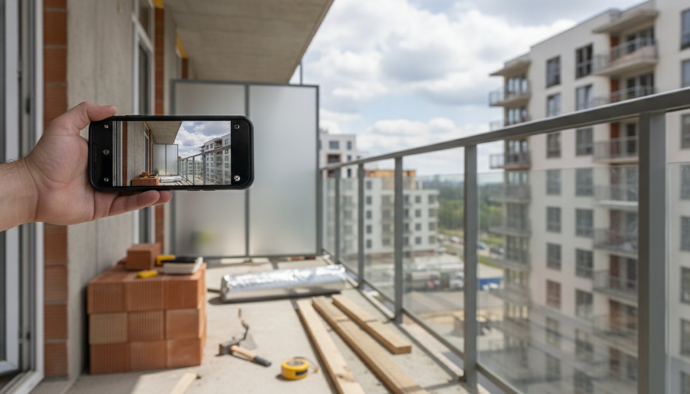 Pessoa segurando um celular com a câmera apontada para a varanda de um apartamento.