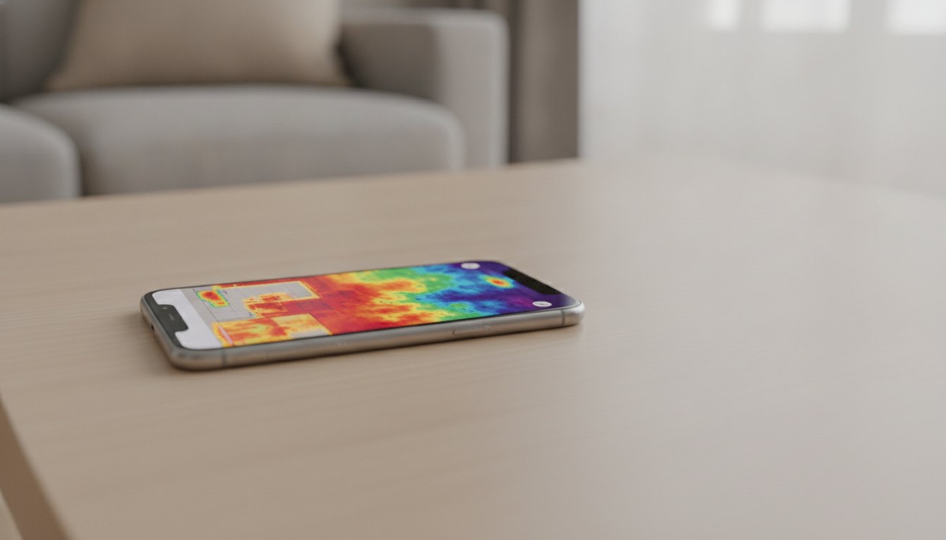 Tela de smartphone exibindo o mapeamento térmico de um ambiente com manchas de calor coloridas.