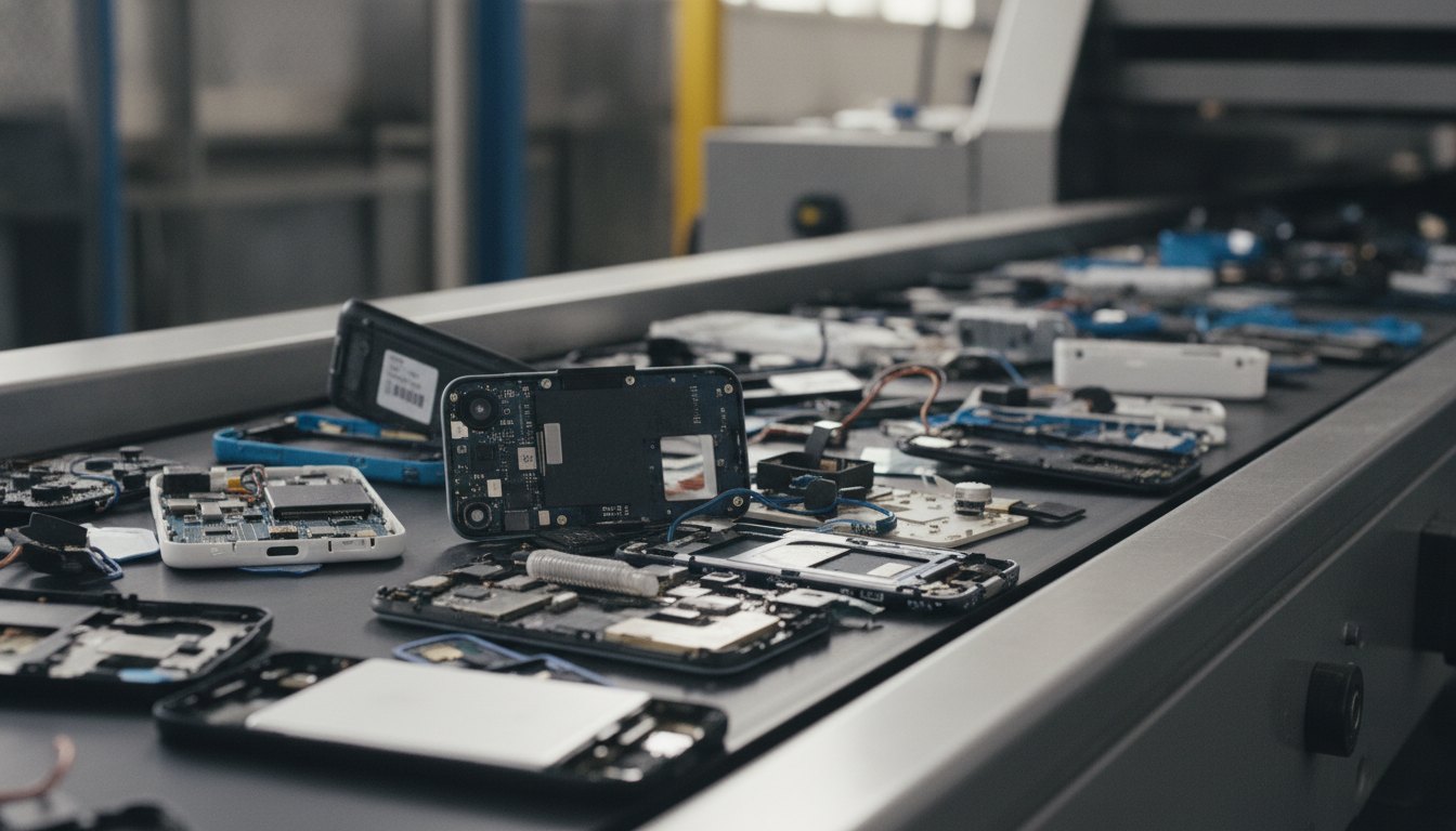 Componentes internos e carcaças plásticas de smartphones organizados em uma esteira de triagem industrial.