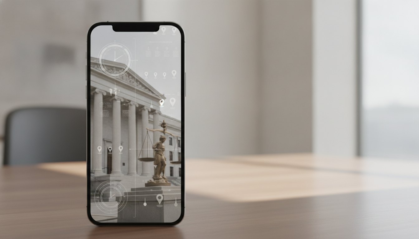Tela de smartphone exibindo dados de localização e horário sobrepostos a uma fotografia.