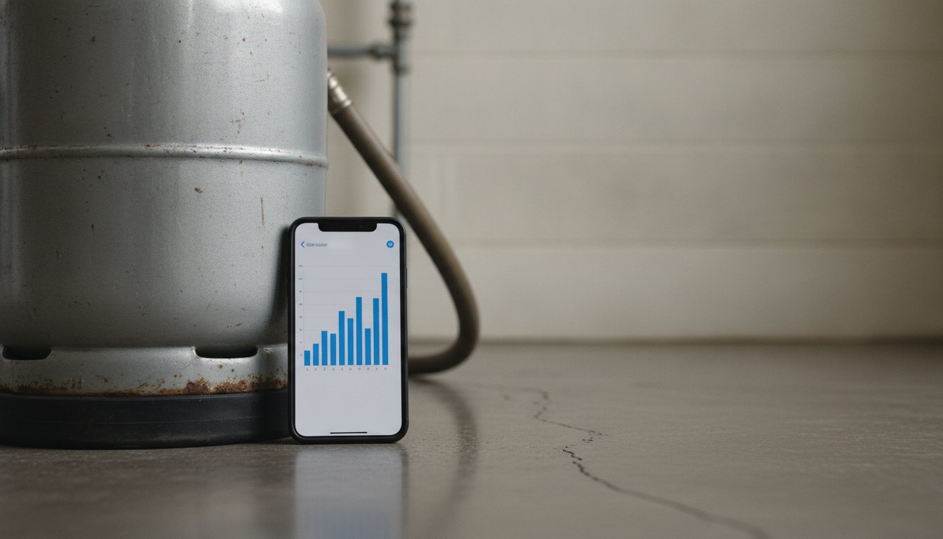 Smartphone exibindo gráfico de consumo ao lado da base de um botijão de gás metálico.
