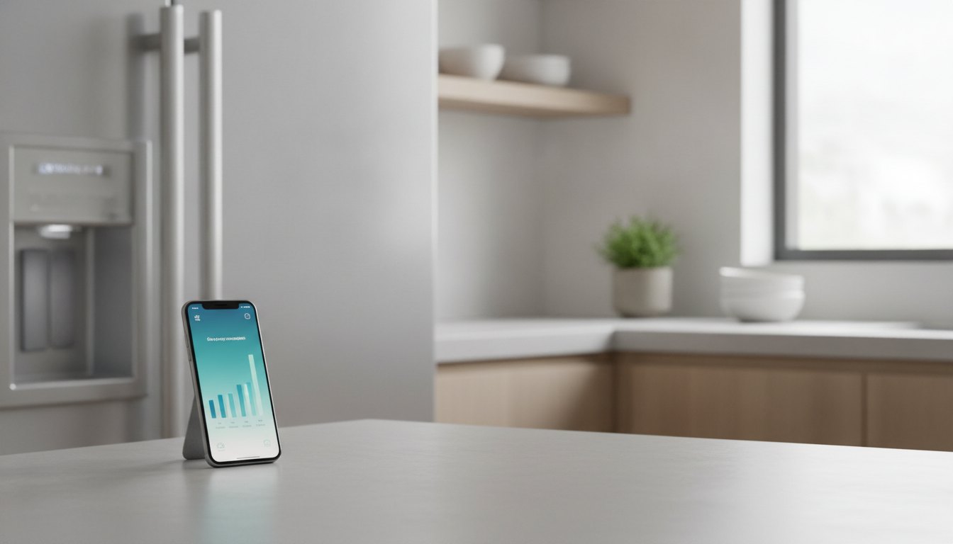 Smartphone exibindo gráfico de consumo de energia ao lado de uma geladeira moderna em uma cozinha